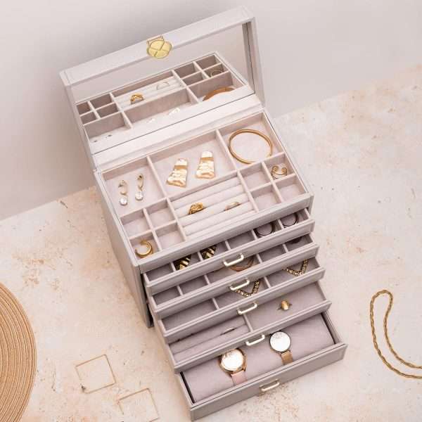 Vlando 6 Tier Large Jewelry Box for Women - Big Jewelry Organizer with Mirror, Jewelry Box Organizer for Drawer Necklace Ring Bracelet and Watch, Gift for Loved Ones Gray - 9