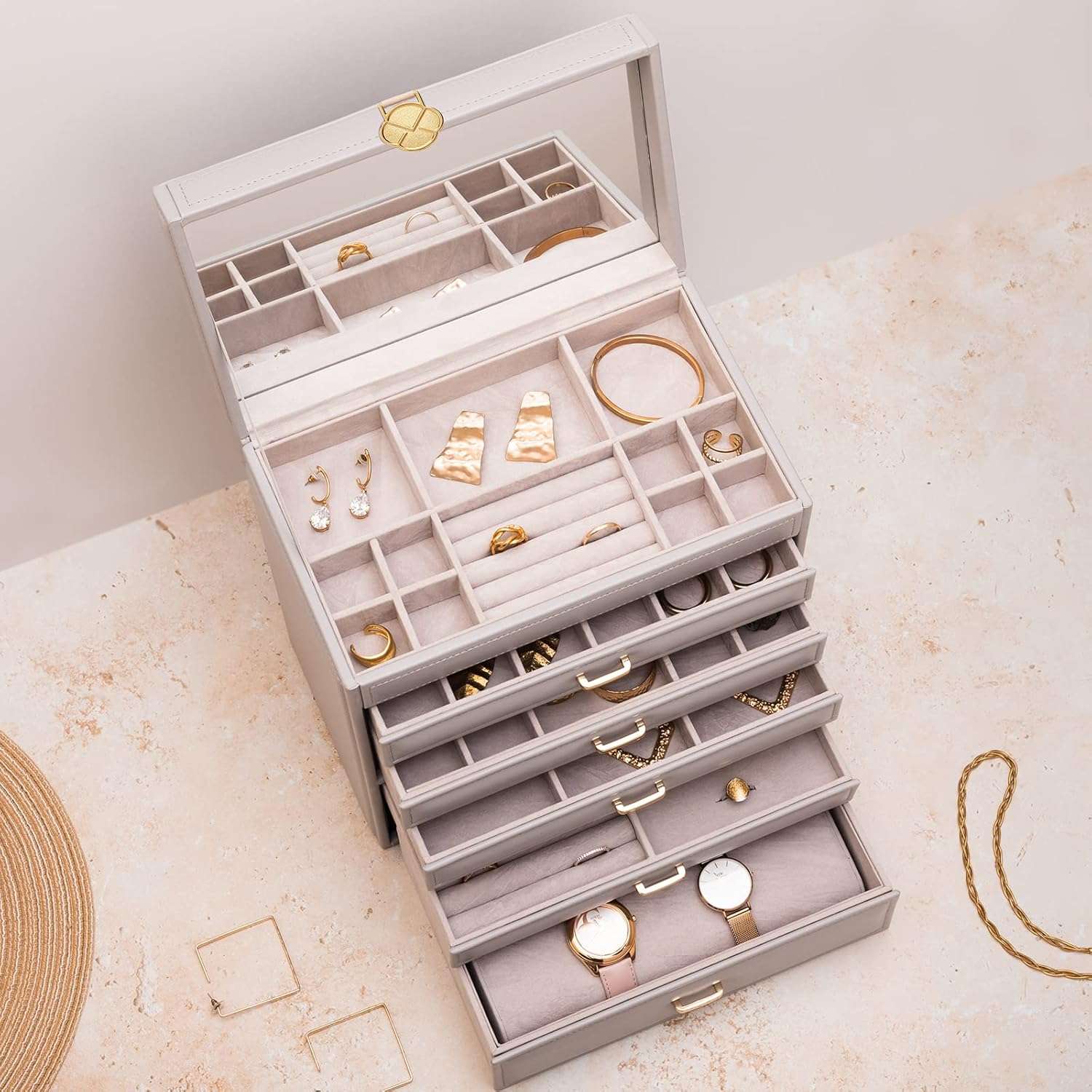 Vlando 6 Tier Large Jewelry Box for Women - Big Jewelry Organizer with Mirror, Jewelry Box Organizer for Drawer Necklace Ring Bracelet and Watch, Gift for Loved Ones Gray - 9