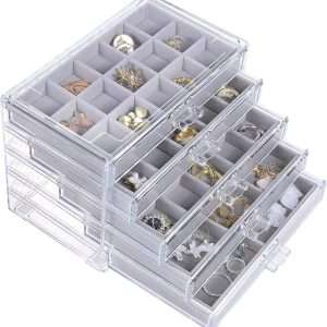misaya Earring Jewelry Organizer with 5 Drawers, Present for Mom, Clear Acrylic Jewelry Box for Women, Velvet Earring Display Holder for Earrings Ring Bracelet Necklace, Gray - 1