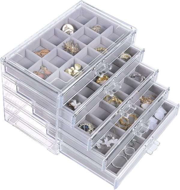misaya Earring Jewelry Organizer with 5 Drawers, Present for Mom, Clear Acrylic Jewelry Box for Women, Velvet Earring Display Holder for Earrings Ring Bracelet Necklace, Gray - 1