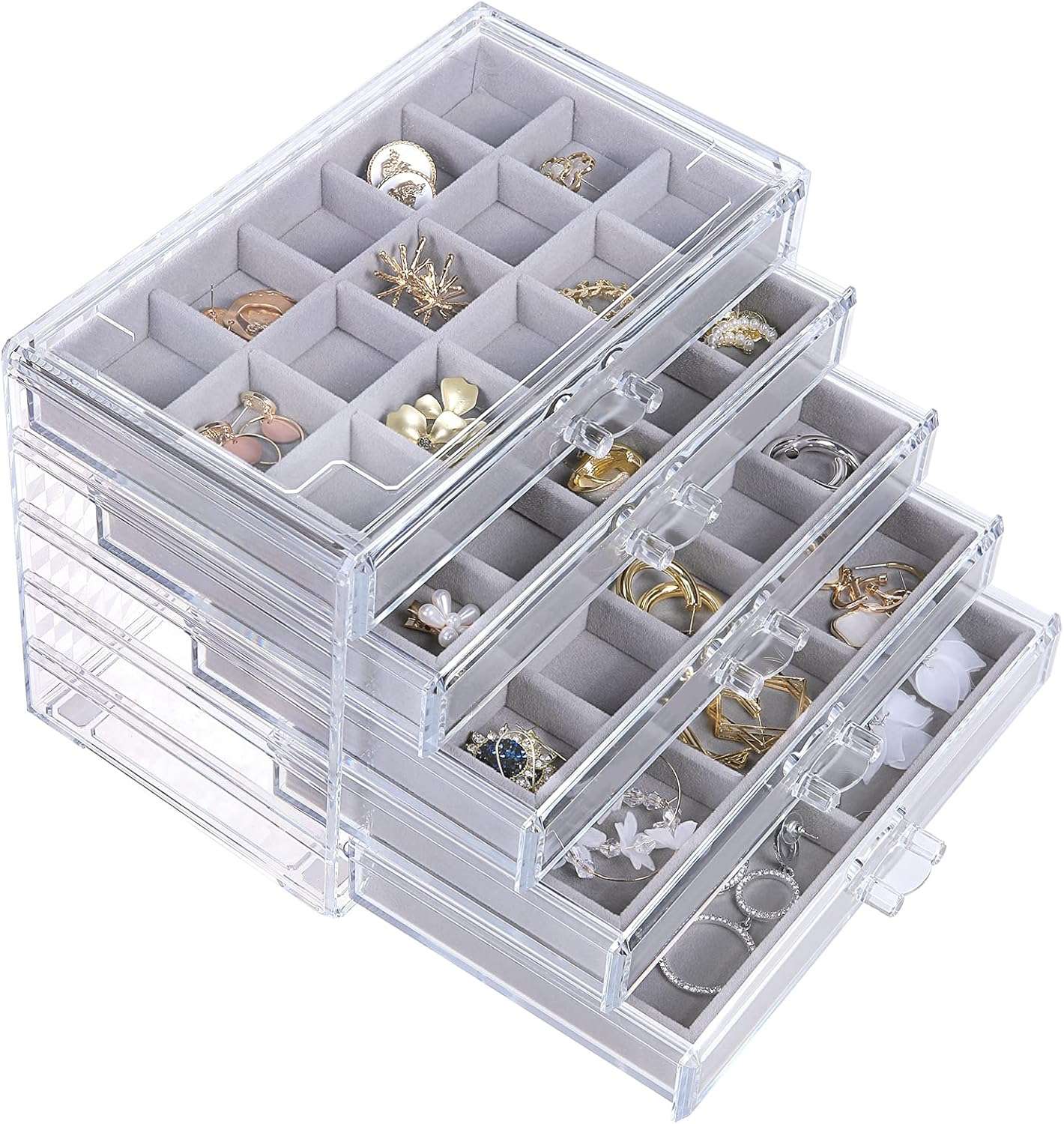 misaya Earring Jewelry Organizer with 5 Drawers, Present for Mom, Clear Acrylic Jewelry Box for Women, Velvet Earring Display Holder for Earrings Ring Bracelet Necklace, Gray - 1