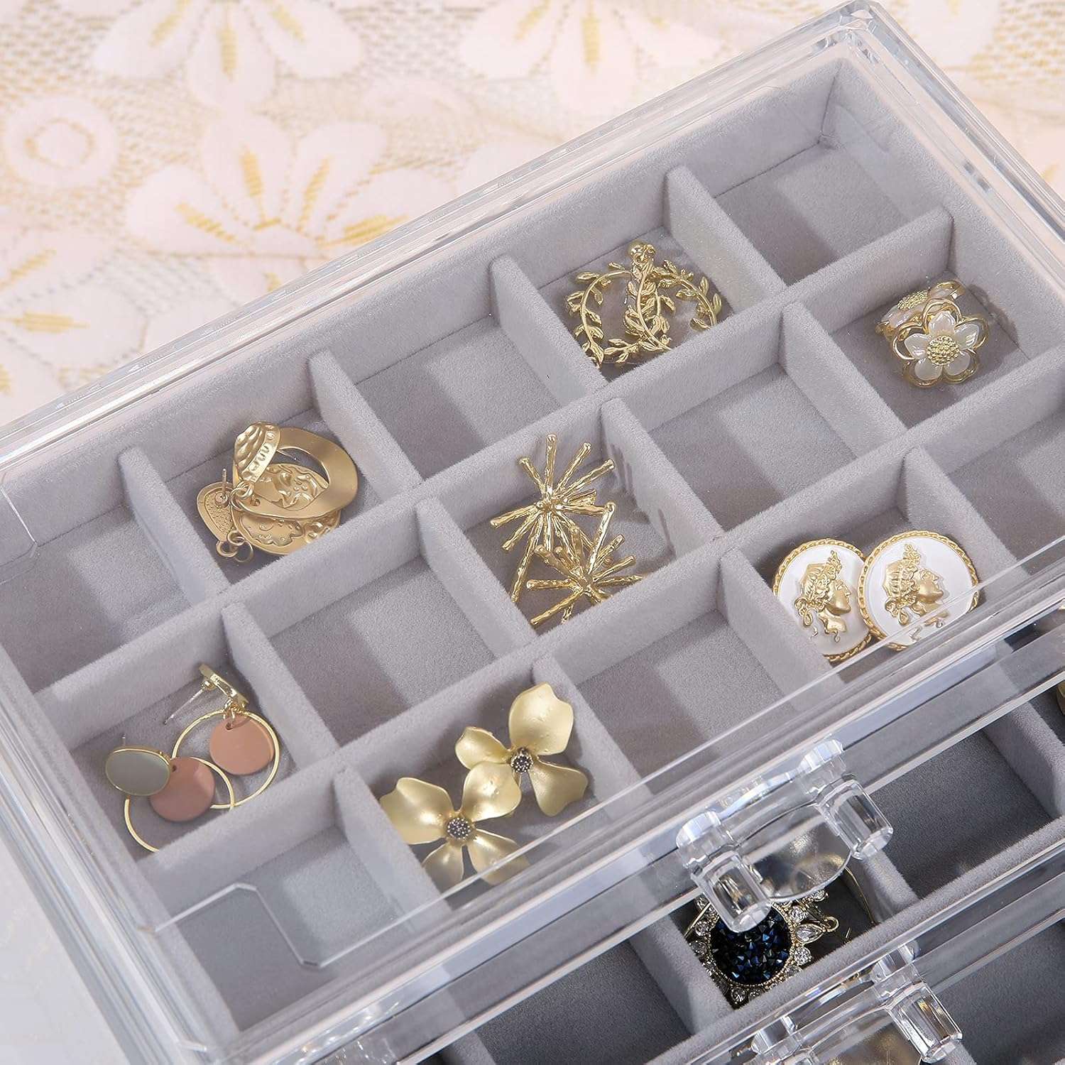 misaya Earring Jewelry Organizer with 5 Drawers, Present for Mom, Clear Acrylic Jewelry Box for Women, Velvet Earring Display Holder for Earrings Ring Bracelet Necklace, Gray - 2