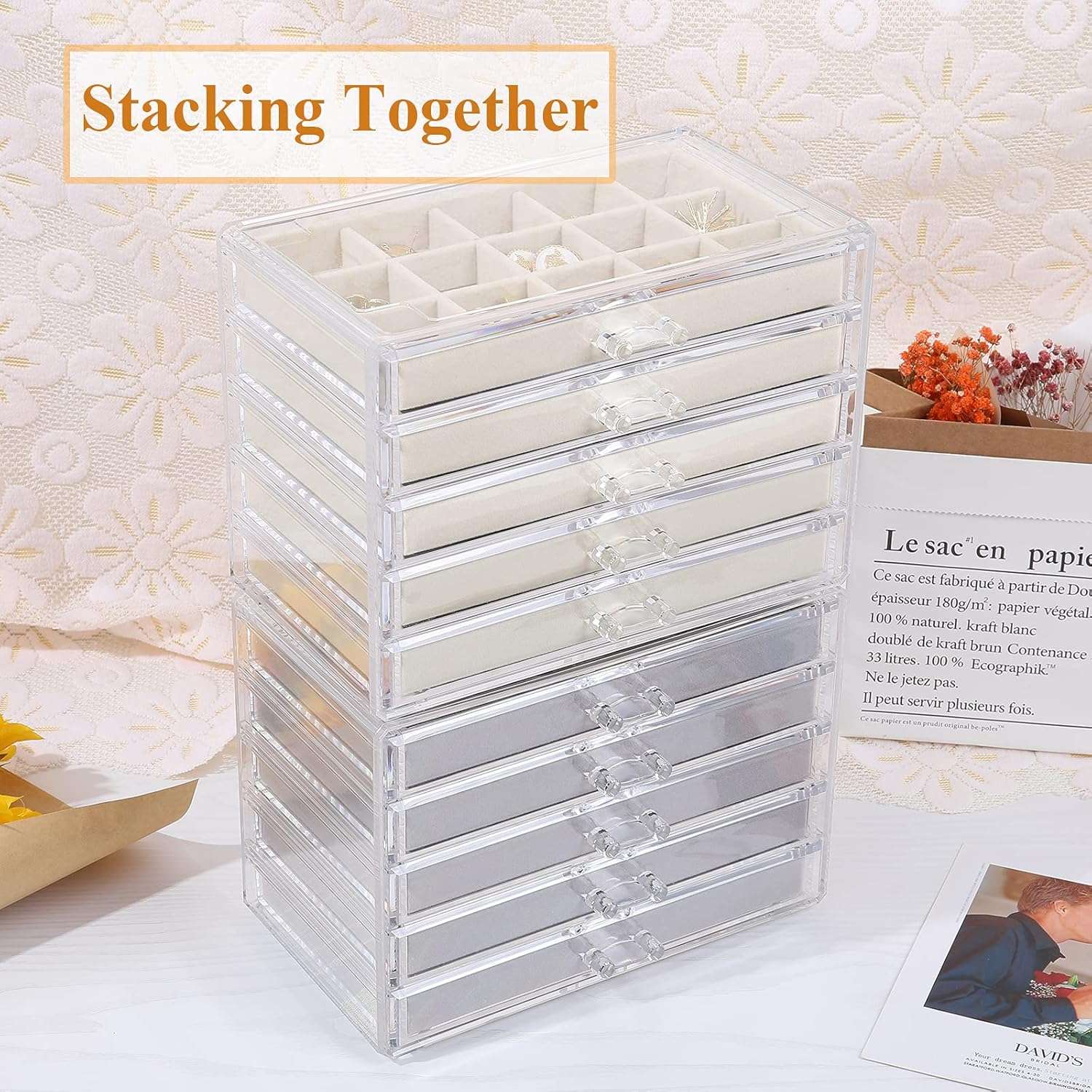 misaya Earring Jewelry Organizer with 5 Drawers, Present for Mom, Clear Acrylic Jewelry Box for Women, Velvet Earring Display Holder for Earrings Ring Bracelet Necklace, Gray - 4