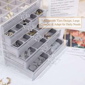 misaya Earring Jewelry Organizer with 5 Drawers, Present for Mom, Clear Acrylic Jewelry Box for Women, Velvet Earring Display Holder for Earrings Ring Bracelet Necklace, Gray - 5