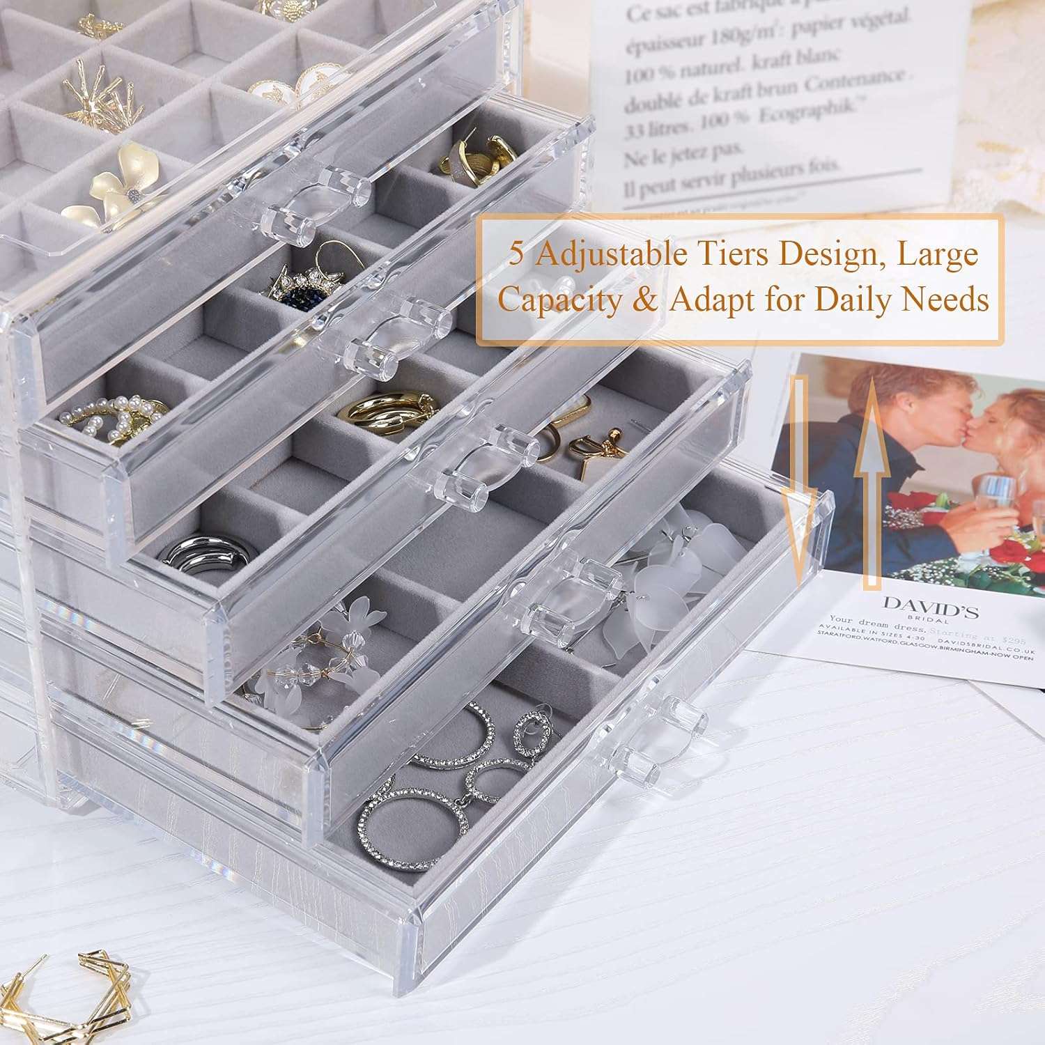 misaya Earring Jewelry Organizer with 5 Drawers, Present for Mom, Clear Acrylic Jewelry Box for Women, Velvet Earring Display Holder for Earrings Ring Bracelet Necklace, Gray - 5
