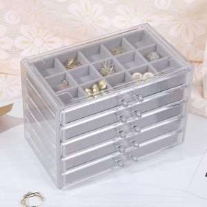 misaya Earring Jewelry Organizer with 5 Drawers, Present for Mom, Clear Acrylic Jewelry Box for Women, Velvet Earring Display Holder for Earrings Ring Bracelet Necklace, Gray - 6