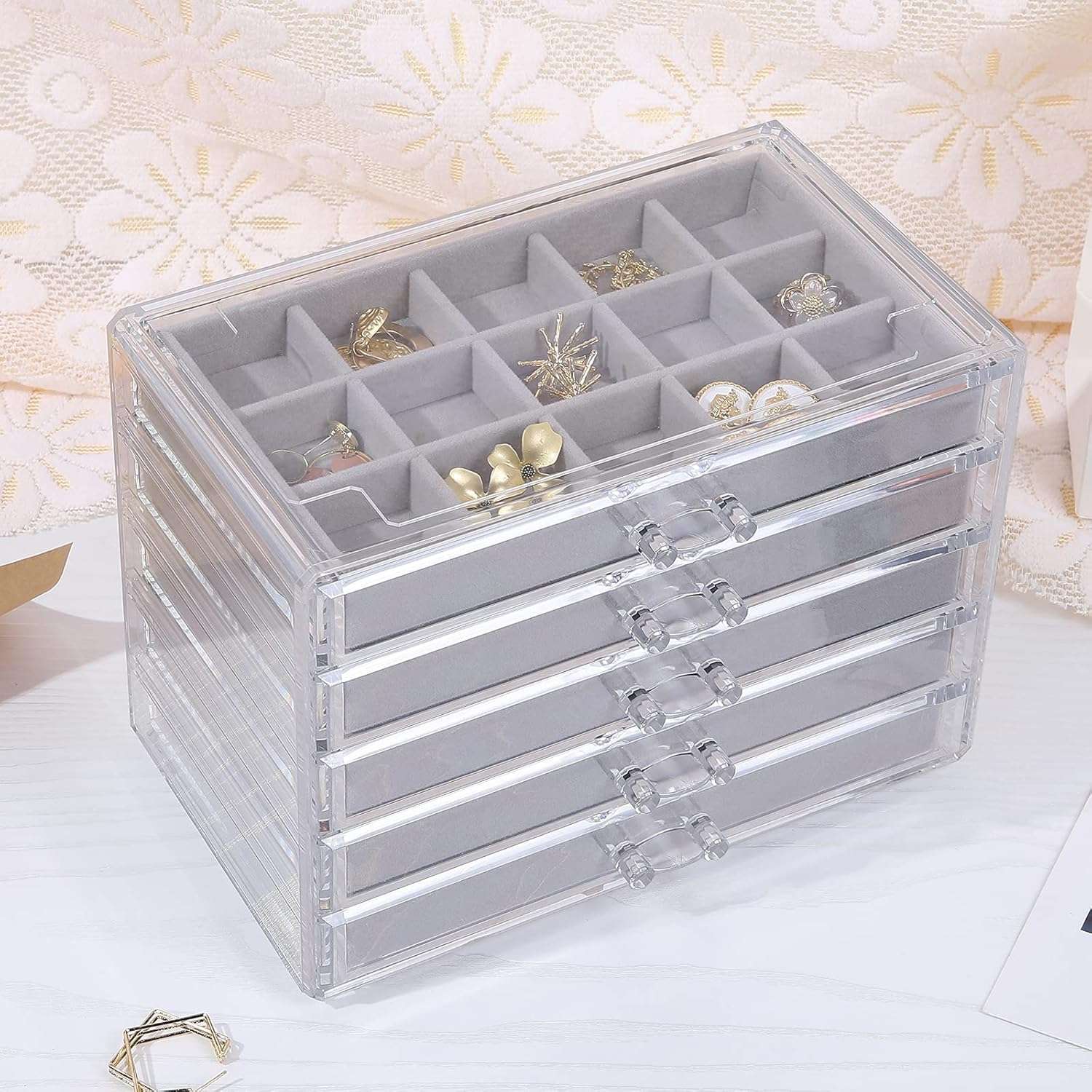 misaya Earring Jewelry Organizer with 5 Drawers, Present for Mom, Clear Acrylic Jewelry Box for Women, Velvet Earring Display Holder for Earrings Ring Bracelet Necklace, Gray - 6