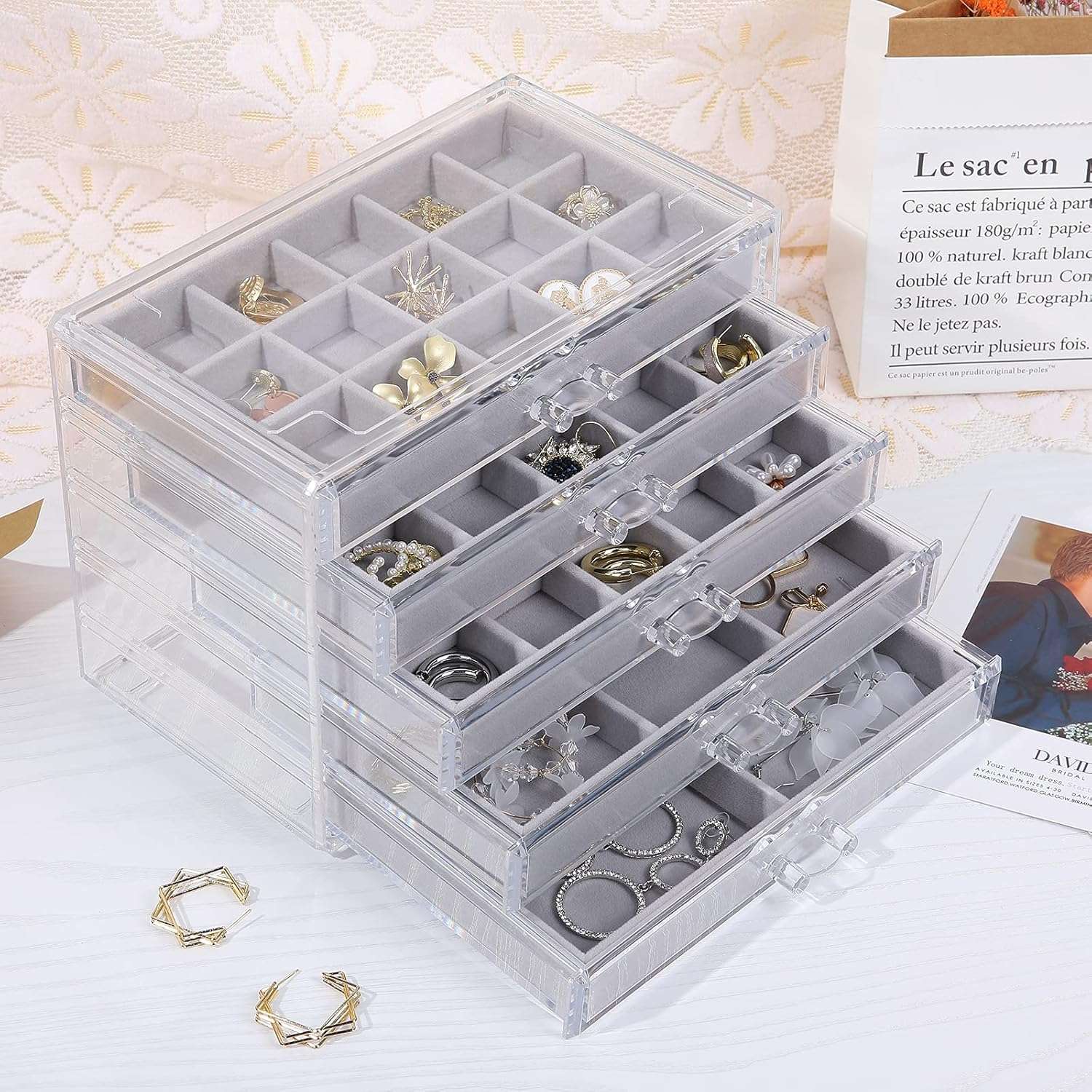 misaya Earring Jewelry Organizer with 5 Drawers, Present for Mom, Clear Acrylic Jewelry Box for Women, Velvet Earring Display Holder for Earrings Ring Bracelet Necklace, Gray - 7