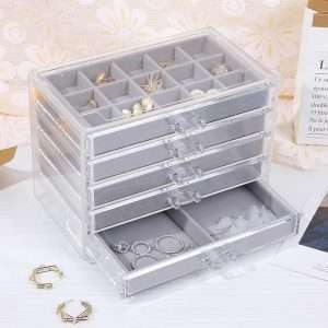 misaya Earring Jewelry Organizer with 5 Drawers, Present for Mom, Clear Acrylic Jewelry Box for Women, Velvet Earring Display Holder for Earrings Ring Bracelet Necklace, Gray - 8