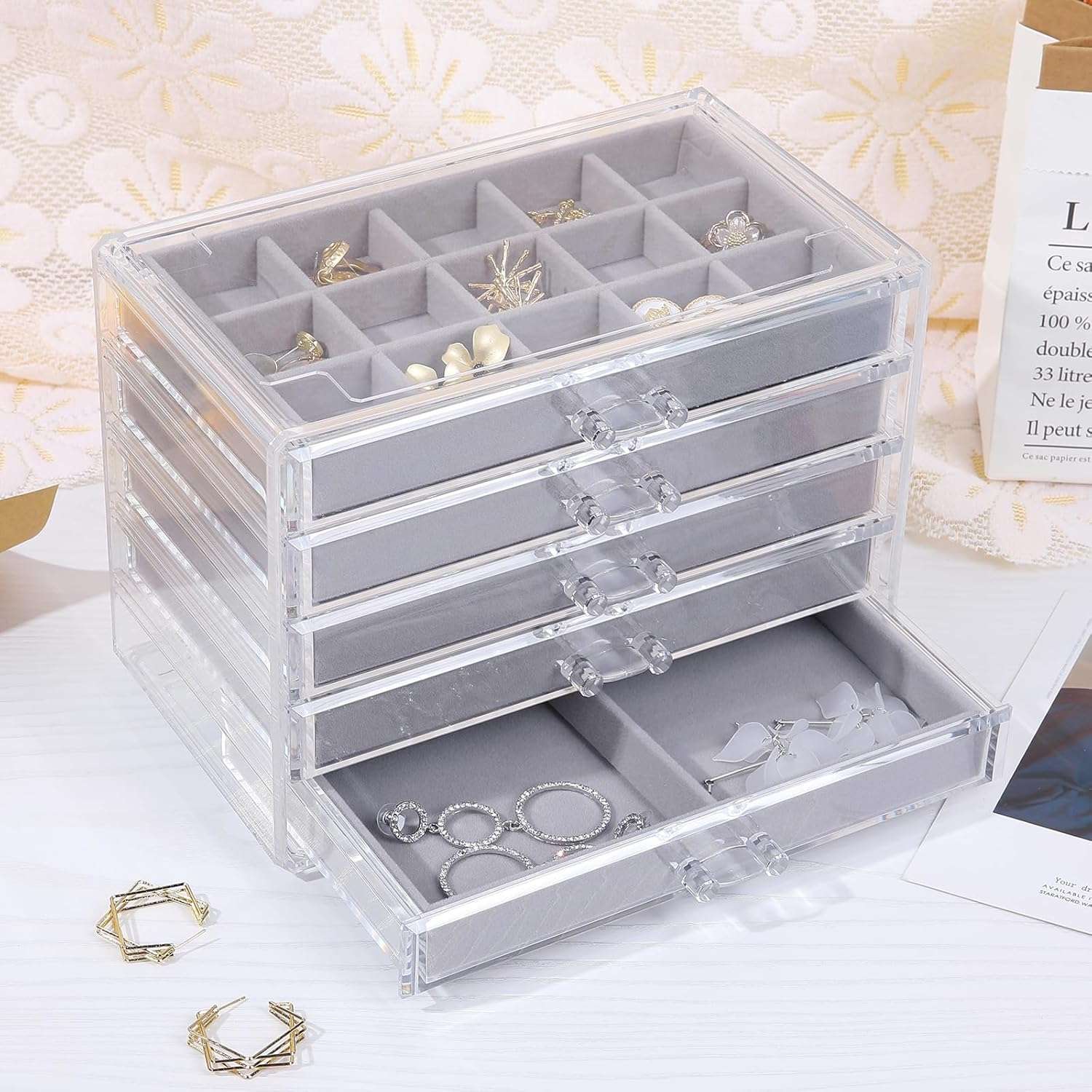 misaya Earring Jewelry Organizer with 5 Drawers, Present for Mom, Clear Acrylic Jewelry Box for Women, Velvet Earring Display Holder for Earrings Ring Bracelet Necklace, Gray - 8