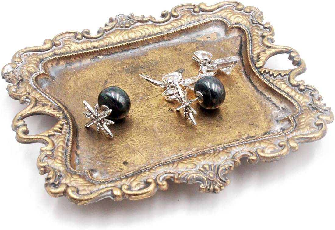 Funly mee Small Antique Trinket Dish Vintage Gold Jewelry Tray, Ring Holder - 1
