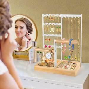 Godboat Jewelry Organizer, 4-Tier Earring Holder Organizer with 48 Holes, 6 Hooks Necklace Organizer, Wood Box for Bracelet & Ring, Christmas Gifts for Home Decor, Preppy Stuff & Room Decor - 2