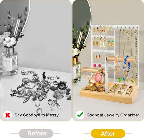 Godboat Jewelry Organizer, 4-Tier Earring Holder Organizer with 48 Holes, 6 Hooks Necklace Organizer, Wood Box for Bracelet & Ring, Christmas Gifts for Home Decor, Preppy Stuff & Room Decor - 4
