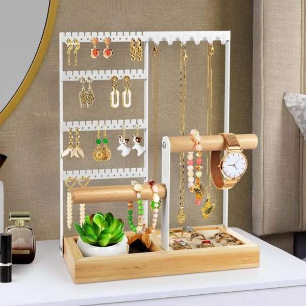 Godboat Jewelry Organizer, 4-Tier Earring Holder Organizer with 48 Holes, 6 Hooks Necklace Organizer, Wood Box for Bracelet & Ring, Christmas Gifts for Home Decor, Preppy Stuff & Room Decor - 9