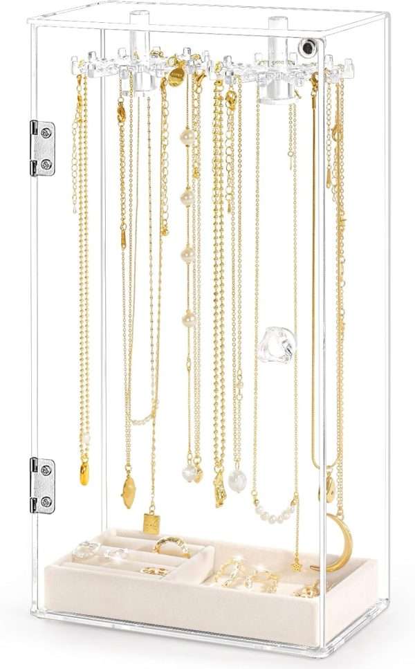 Necklace Holder, Acrylic Jewelry Organizer with 24 Hooks, Rotation Clear Necklaces Pendant Display Case Stand, Dust-proof Velvet Tray Hanging Rack Storage for Earrings Rings - 1