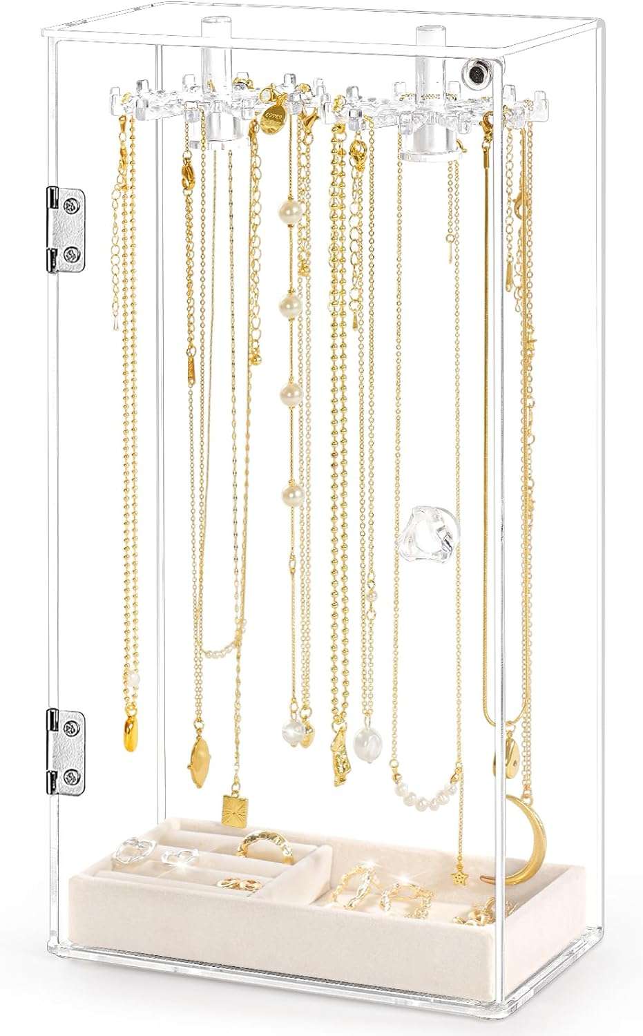 Necklace Holder, Acrylic Jewelry Organizer with 24 Hooks, Rotation Clear Necklaces Pendant Display Case Stand, Dust-proof Velvet Tray Hanging Rack Storage for Earrings Rings - 1
