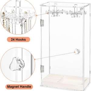 Necklace Holder, Acrylic Jewelry Organizer with 24 Hooks, Rotation Clear Necklaces Pendant Display Case Stand, Dust-proof Velvet Tray Hanging Rack Storage for Earrings Rings - 2
