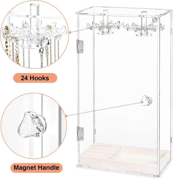Necklace Holder, Acrylic Jewelry Organizer with 24 Hooks, Rotation Clear Necklaces Pendant Display Case Stand, Dust-proof Velvet Tray Hanging Rack Storage for Earrings Rings - 2