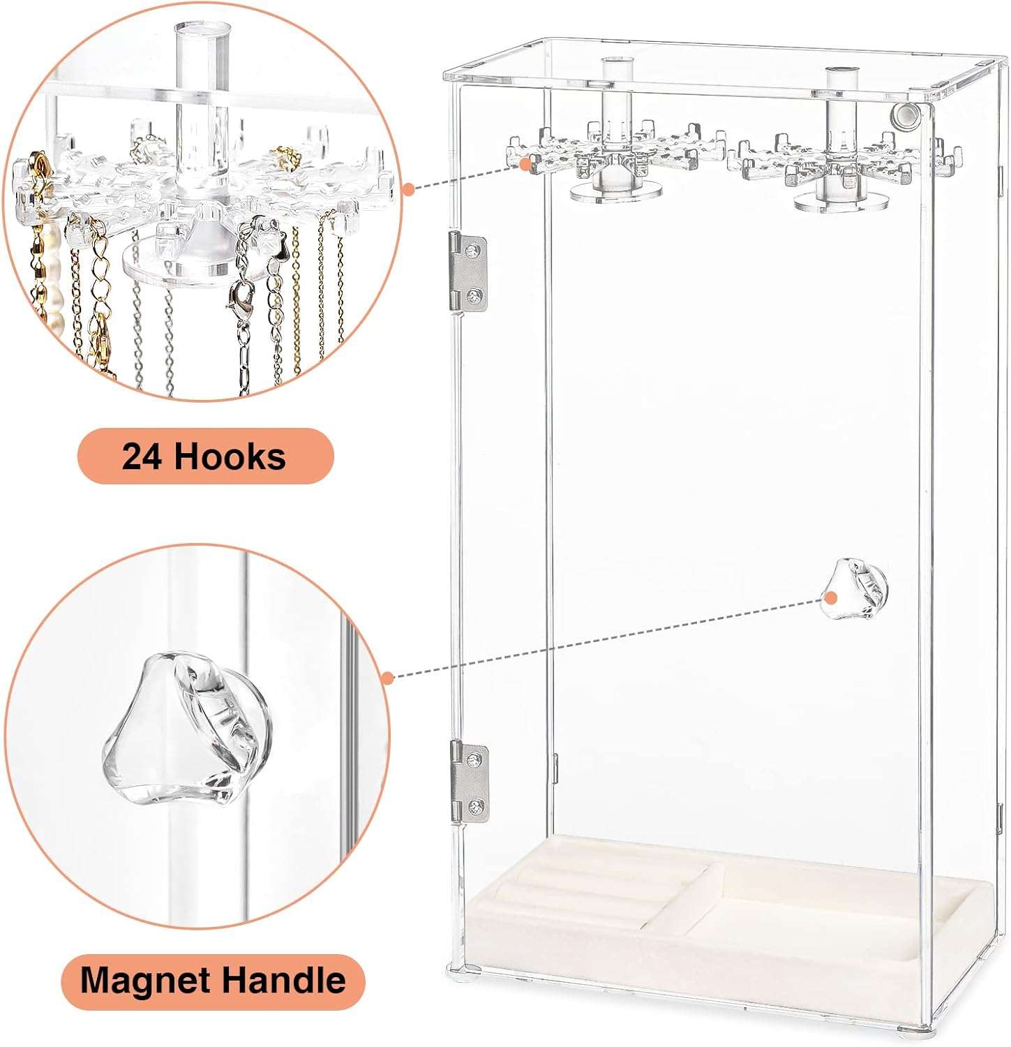 Necklace Holder, Acrylic Jewelry Organizer with 24 Hooks, Rotation Clear Necklaces Pendant Display Case Stand, Dust-proof Velvet Tray Hanging Rack Storage for Earrings Rings - 2