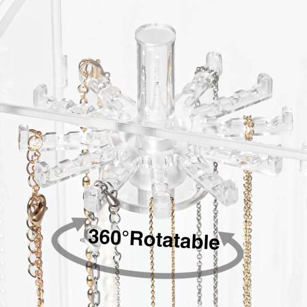 Necklace Holder, Acrylic Jewelry Organizer with 24 Hooks, Rotation Clear Necklaces Pendant Display Case Stand, Dust-proof Velvet Tray Hanging Rack Storage for Earrings Rings - 3