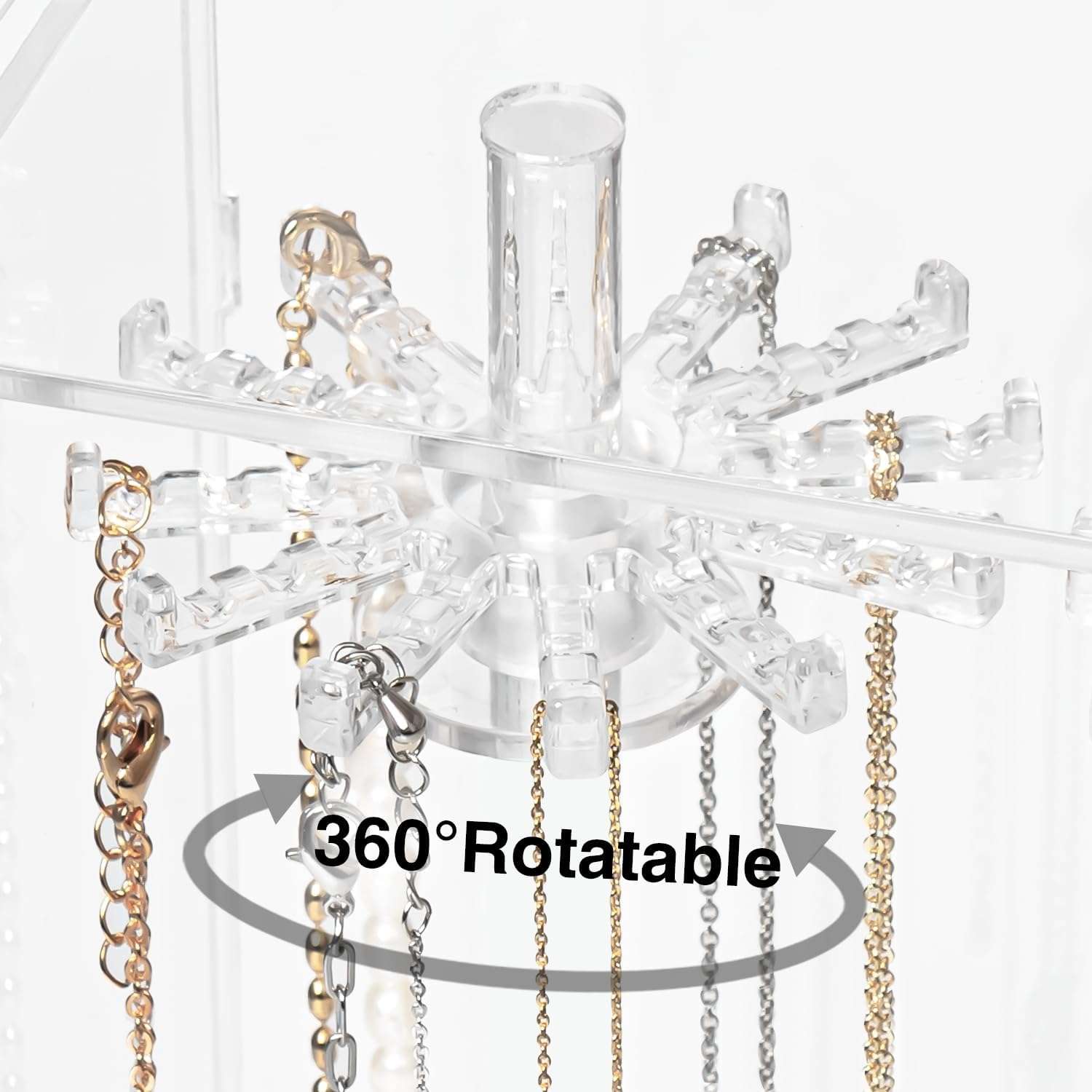 Necklace Holder, Acrylic Jewelry Organizer with 24 Hooks, Rotation Clear Necklaces Pendant Display Case Stand, Dust-proof Velvet Tray Hanging Rack Storage for Earrings Rings - 3
