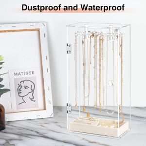 Necklace Holder, Acrylic Jewelry Organizer with 24 Hooks, Rotation Clear Necklaces Pendant Display Case Stand, Dust-proof Velvet Tray Hanging Rack Storage for Earrings Rings - 4