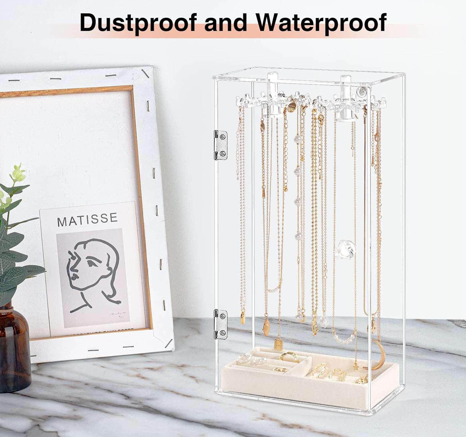 Necklace Holder, Acrylic Jewelry Organizer with 24 Hooks, Rotation Clear Necklaces Pendant Display Case Stand, Dust-proof Velvet Tray Hanging Rack Storage for Earrings Rings - 4