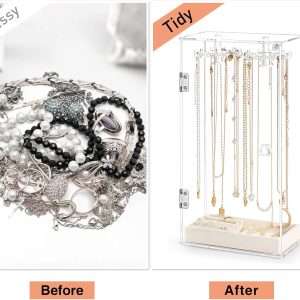 Necklace Holder, Acrylic Jewelry Organizer with 24 Hooks, Rotation Clear Necklaces Pendant Display Case Stand, Dust-proof Velvet Tray Hanging Rack Storage for Earrings Rings - 6