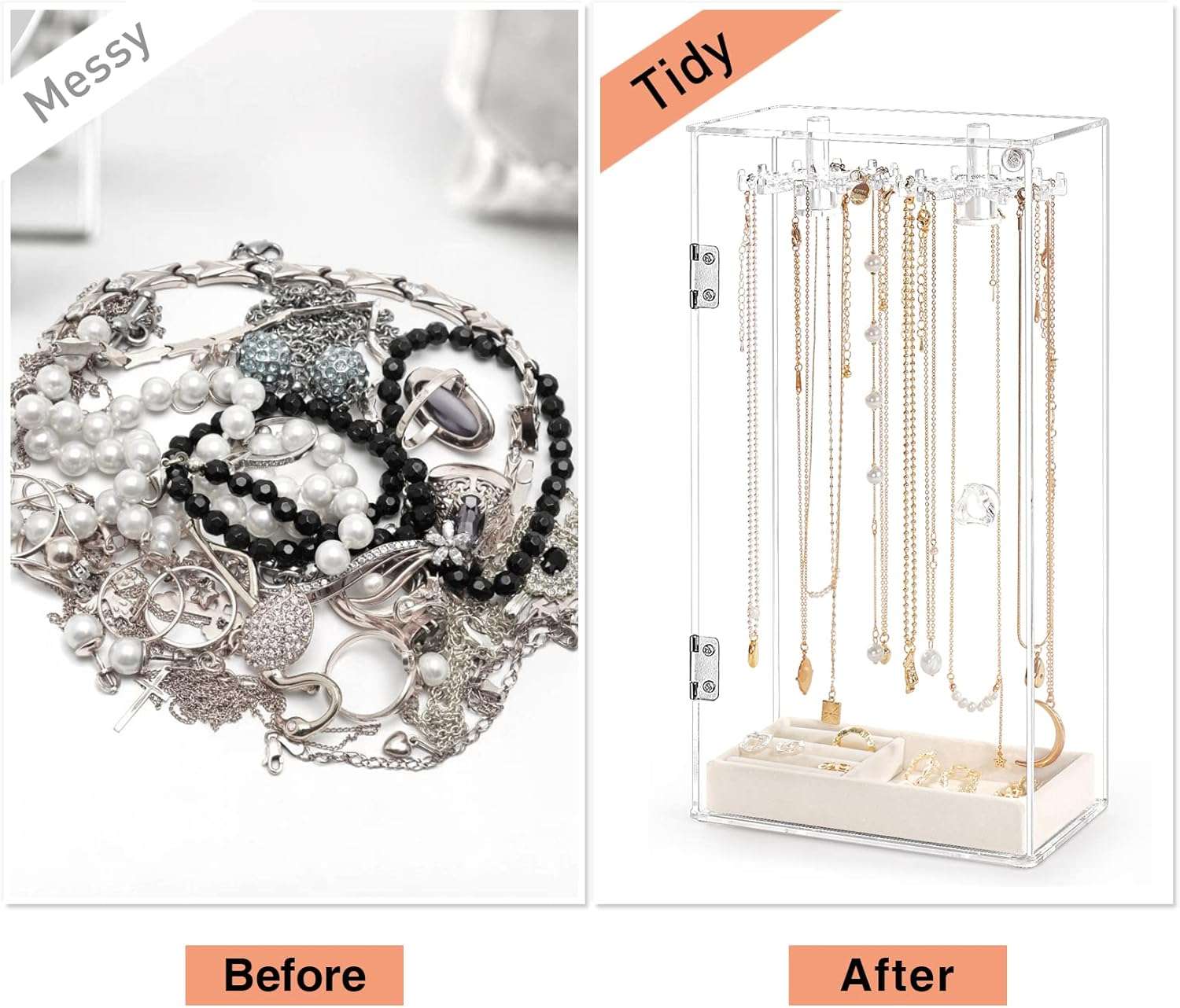 Necklace Holder, Acrylic Jewelry Organizer with 24 Hooks, Rotation Clear Necklaces Pendant Display Case Stand, Dust-proof Velvet Tray Hanging Rack Storage for Earrings Rings - 6