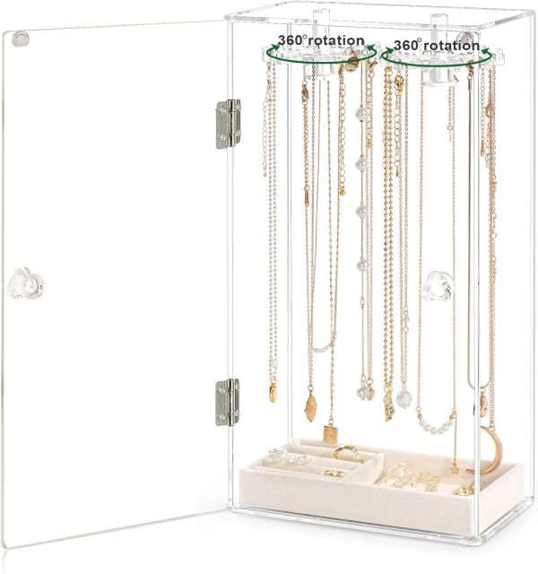Necklace Holder, Acrylic Jewelry Organizer with 24 Hooks, Rotation Clear Necklaces Pendant Display Case Stand, Dust-proof Velvet Tray Hanging Rack Storage for Earrings Rings - 7