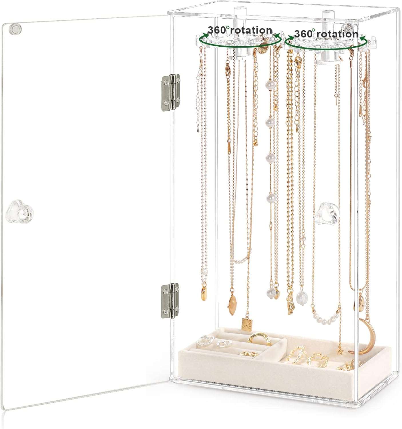 Necklace Holder, Acrylic Jewelry Organizer with 24 Hooks, Rotation Clear Necklaces Pendant Display Case Stand, Dust-proof Velvet Tray Hanging Rack Storage for Earrings Rings - 7