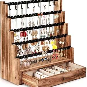 Pinzoveco Earring Organizer, 5 Layer Earring Holder Organizer with Necklace Holder Pole, Rustic Wood Jewelry Organizer Stand Display for Stud Earring Bracelet Necklace Ring, 175 Earring Holes - 1