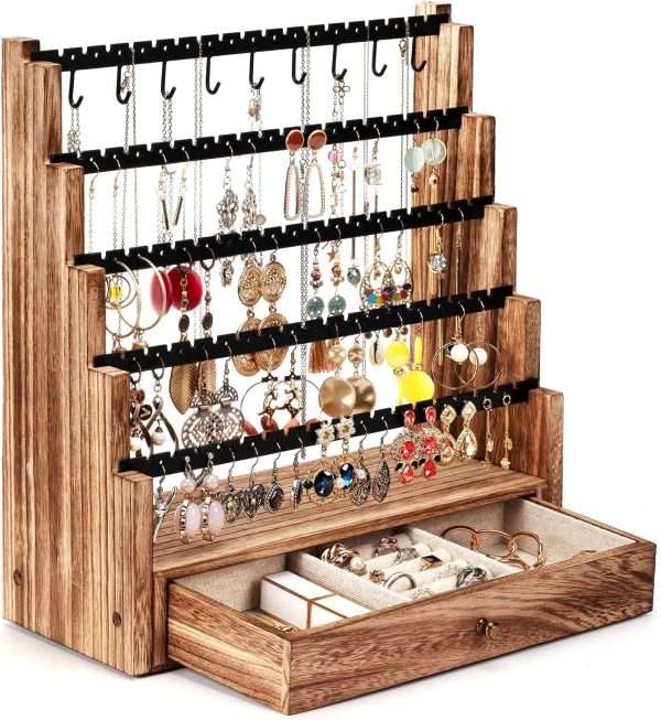 Pinzoveco Earring Organizer, 5 Layer Earring Holder Organizer with Necklace Holder Pole, Rustic Wood Jewelry Organizer Stand Display for Stud Earring Bracelet Necklace Ring, 175 Earring Holes - 1