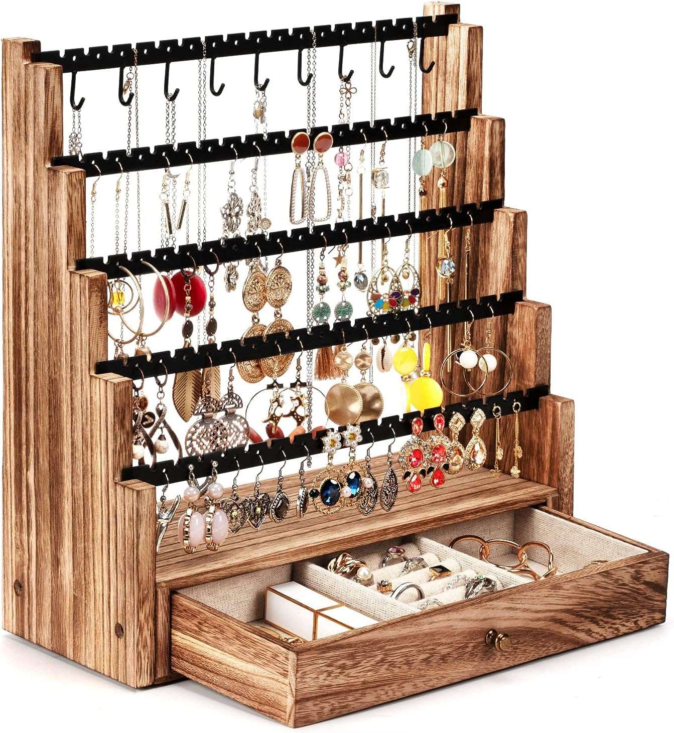 Pinzoveco Earring Organizer, 5 Layer Earring Holder Organizer with Necklace Holder Pole, Rustic Wood Jewelry Organizer Stand Display for Stud Earring Bracelet Necklace Ring, 175 Earring Holes - 1