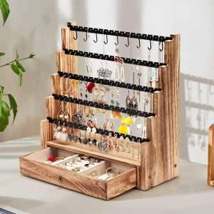 Pinzoveco Earring Organizer, 5 Layer Earring Holder Organizer with Necklace Holder Pole, Rustic Wood Jewelry Organizer Stand Display for Stud Earring Bracelet Necklace Ring, 175 Earring Holes - 2