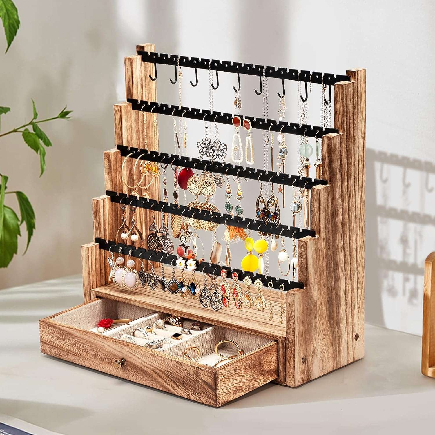 Pinzoveco Earring Organizer, 5 Layer Earring Holder Organizer with Necklace Holder Pole, Rustic Wood Jewelry Organizer Stand Display for Stud Earring Bracelet Necklace Ring, 175 Earring Holes - 2