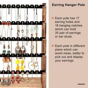 Pinzoveco Earring Organizer, 5 Layer Earring Holder Organizer with Necklace Holder Pole, Rustic Wood Jewelry Organizer Stand Display for Stud Earring Bracelet Necklace Ring, 175 Earring Holes - 3
