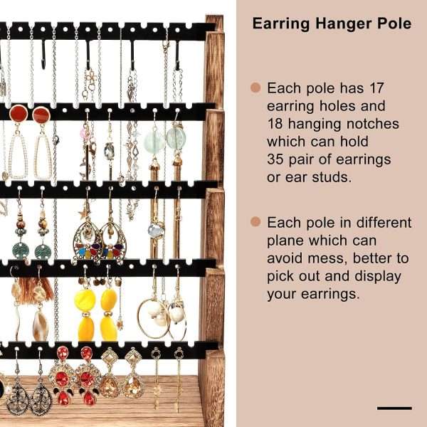 Pinzoveco Earring Organizer, 5 Layer Earring Holder Organizer with Necklace Holder Pole, Rustic Wood Jewelry Organizer Stand Display for Stud Earring Bracelet Necklace Ring, 175 Earring Holes - 3