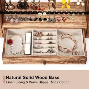 Pinzoveco Earring Organizer, 5 Layer Earring Holder Organizer with Necklace Holder Pole, Rustic Wood Jewelry Organizer Stand Display for Stud Earring Bracelet Necklace Ring, 175 Earring Holes - 4