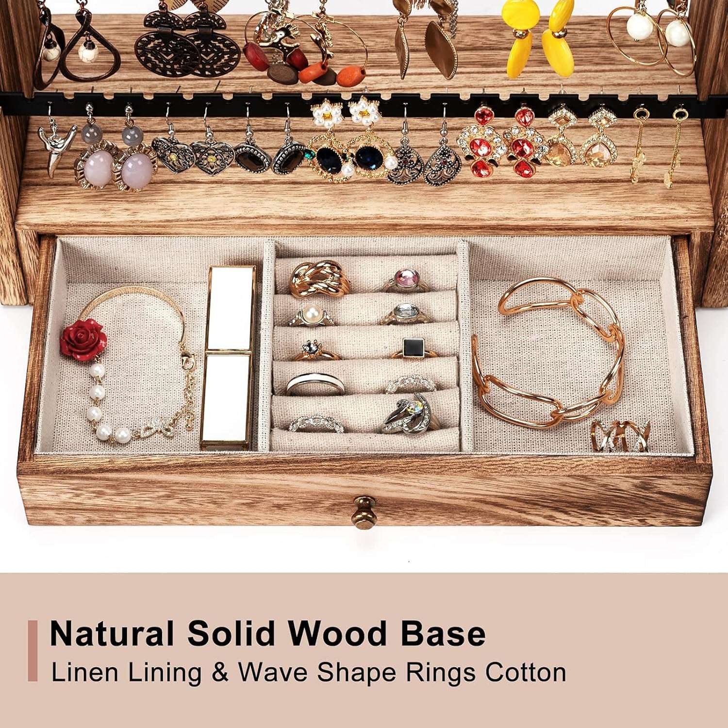 Pinzoveco Earring Organizer, 5 Layer Earring Holder Organizer with Necklace Holder Pole, Rustic Wood Jewelry Organizer Stand Display for Stud Earring Bracelet Necklace Ring, 175 Earring Holes - 4