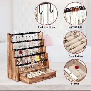 Pinzoveco Earring Organizer, 5 Layer Earring Holder Organizer with Necklace Holder Pole, Rustic Wood Jewelry Organizer Stand Display for Stud Earring Bracelet Necklace Ring, 175 Earring Holes - 5