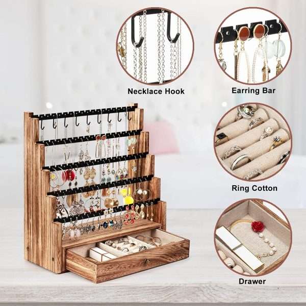 Pinzoveco Earring Organizer, 5 Layer Earring Holder Organizer with Necklace Holder Pole, Rustic Wood Jewelry Organizer Stand Display for Stud Earring Bracelet Necklace Ring, 175 Earring Holes - 5