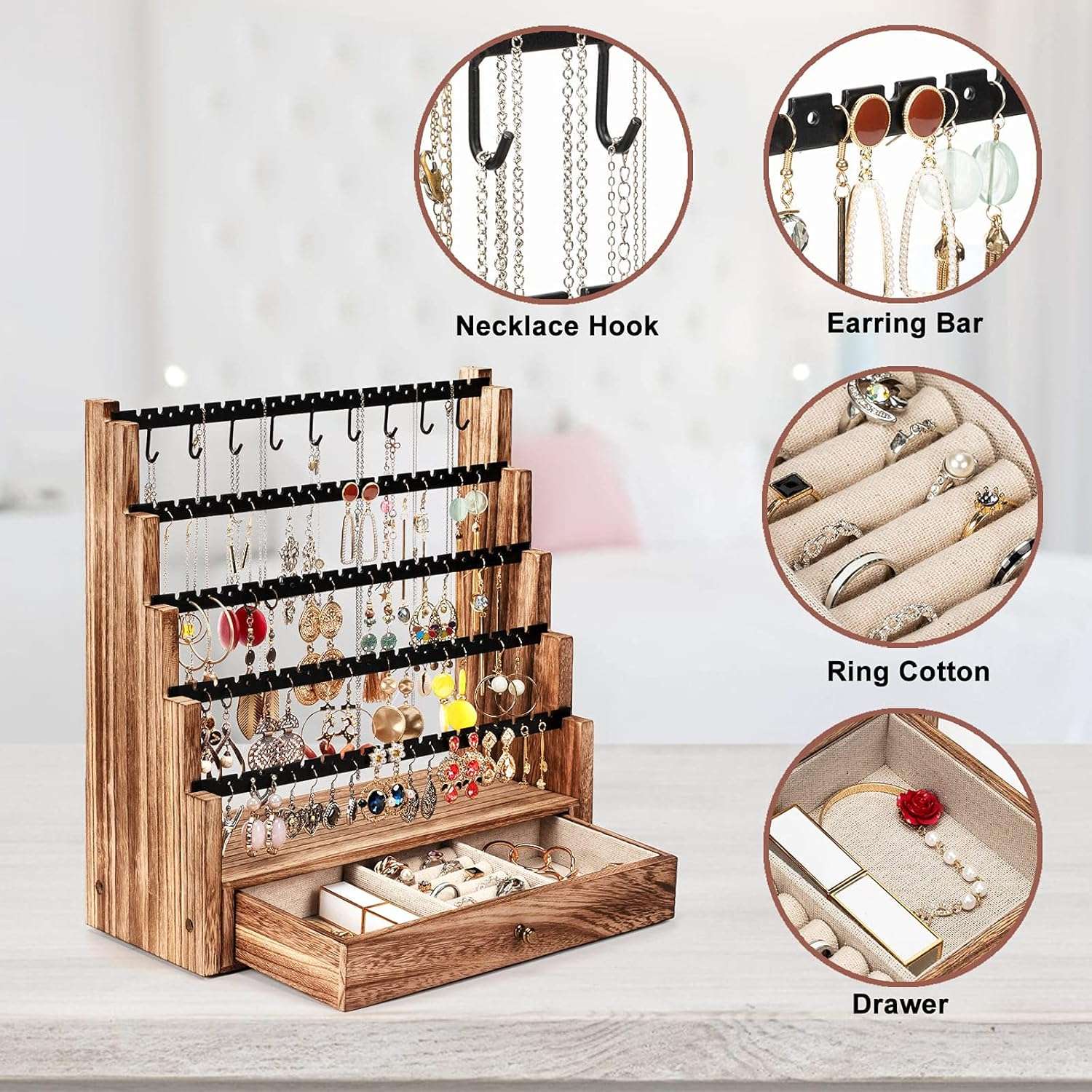 Pinzoveco Earring Organizer, 5 Layer Earring Holder Organizer with Necklace Holder Pole, Rustic Wood Jewelry Organizer Stand Display for Stud Earring Bracelet Necklace Ring, 175 Earring Holes - 5
