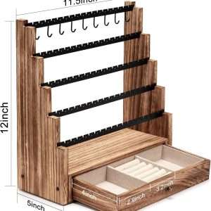 Pinzoveco Earring Organizer, 5 Layer Earring Holder Organizer with Necklace Holder Pole, Rustic Wood Jewelry Organizer Stand Display for Stud Earring Bracelet Necklace Ring, 175 Earring Holes - 6