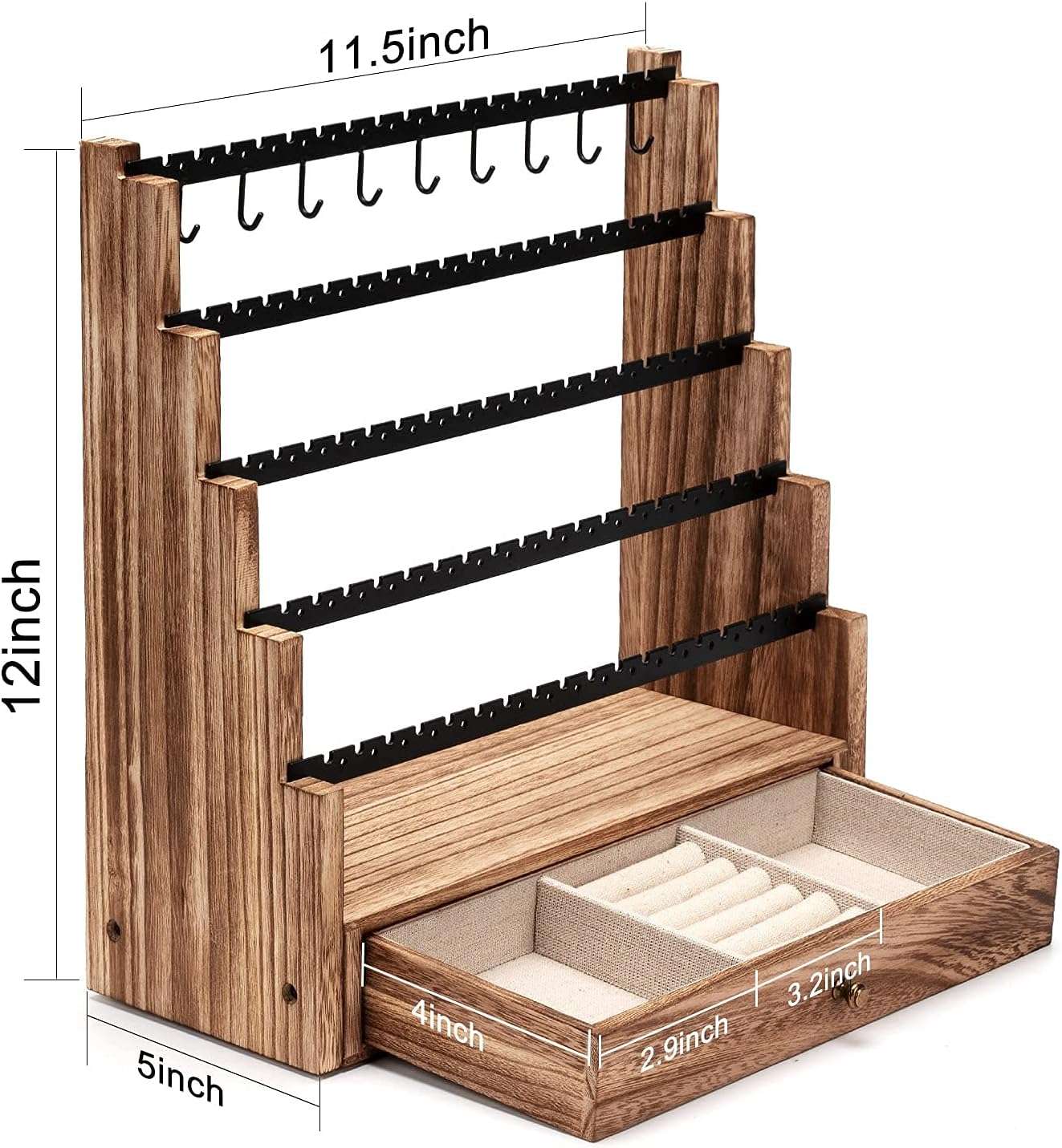 Pinzoveco Earring Organizer, 5 Layer Earring Holder Organizer with Necklace Holder Pole, Rustic Wood Jewelry Organizer Stand Display for Stud Earring Bracelet Necklace Ring, 175 Earring Holes - 6