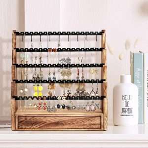 Pinzoveco Earring Organizer, 5 Layer Earring Holder Organizer with Necklace Holder Pole, Rustic Wood Jewelry Organizer Stand Display for Stud Earring Bracelet Necklace Ring, 175 Earring Holes - 7