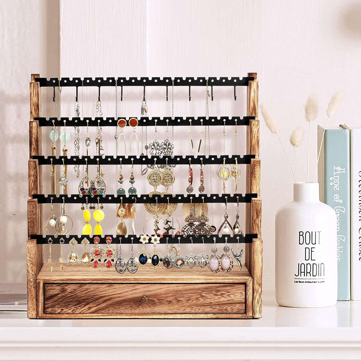 Pinzoveco Earring Organizer, 5 Layer Earring Holder Organizer with Necklace Holder Pole, Rustic Wood Jewelry Organizer Stand Display for Stud Earring Bracelet Necklace Ring, 175 Earring Holes - 7
