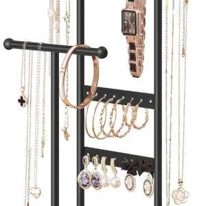 SONGMICS Jewelry Holder, Jewelry Organizer, 4 Independent Zones, Jewelry Display Stand with Metal Frame, Necklace Earring Bracelet Holder, for Rings, Black and Caramel Brown UJJS03CB - 1SONGMICS Jewelry Holder, Jewelry Organizer, 4 Independent Zones, Jewelry Display Stand with Metal Frame, Necklace Earring Bracelet Holder, for Rings, Black and Caramel Brown UJJS03CB - 1