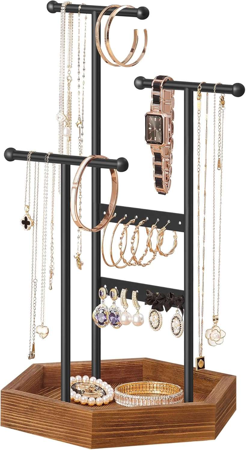 SONGMICS Jewelry Holder, Jewelry Organizer, 4 Independent Zones, Jewelry Display Stand with Metal Frame, Necklace Earring Bracelet Holder, for Rings, Black and Caramel Brown UJJS03CB - 1SONGMICS Jewelry Holder, Jewelry Organizer, 4 Independent Zones, Jewelry Display Stand with Metal Frame, Necklace Earring Bracelet Holder, for Rings, Black and Caramel Brown UJJS03CB - 1
