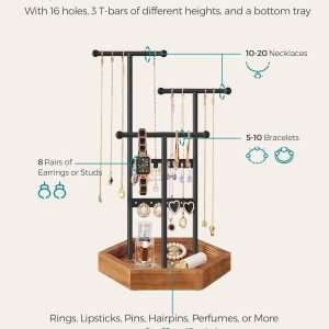 SONGMICS Jewelry Holder, Jewelry Organizer, 4 Independent Zones, Jewelry Display Stand with Metal Frame, Necklace Earring Bracelet Holder, for Rings, Black and Caramel Brown UJJS03CB - 3